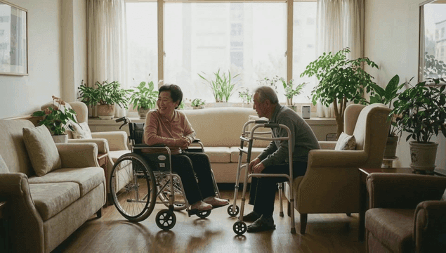 Elderly woman in wheelchair and elderly man with walker at nursing home