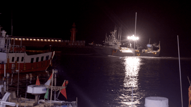 Fishing boats at night near a lighthouse