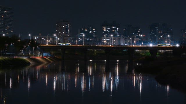 City skyline with bridge at night