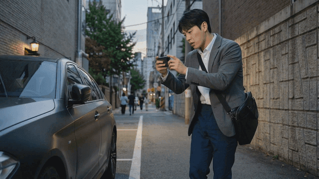 Man taking photos of cars on street