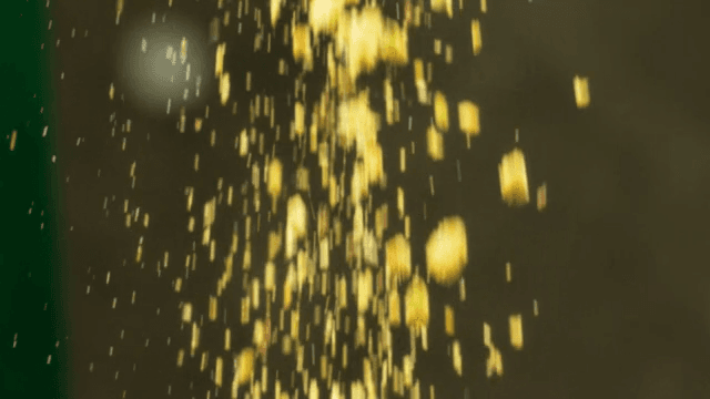 어두운 공간에서 견과류 가루가 떨어지는 모습