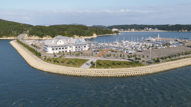 요트와 건물이 있는 해안 마리나