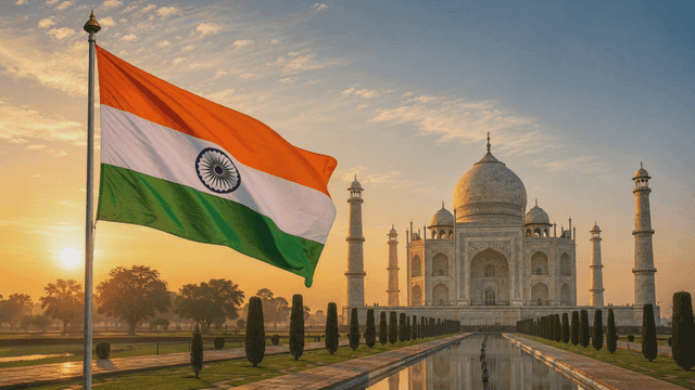 Taj Mahal with Indian flag at sunrise