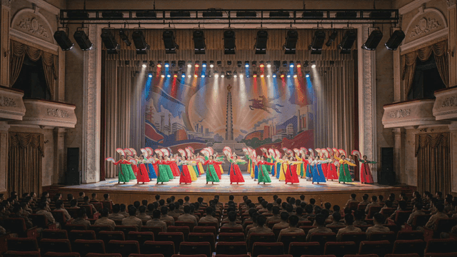 Traditional fan dance performance on North Korean stage