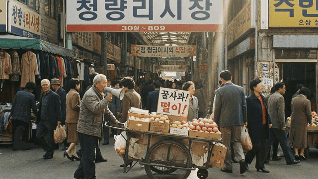 Bustling market scene with fruit vendor