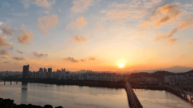 Sunset over a city skyline and river