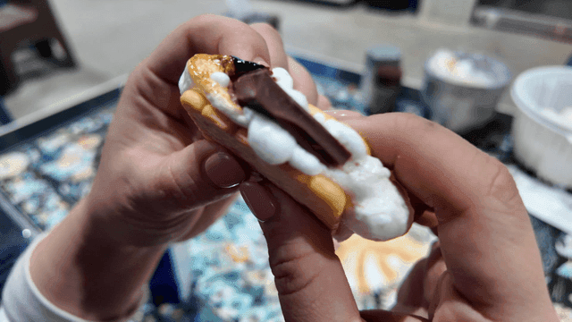 Hand holding chocolate s'more