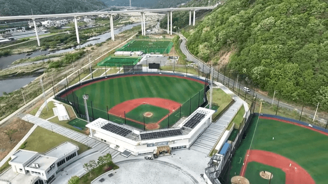 Aerial view of sports fields and bridge