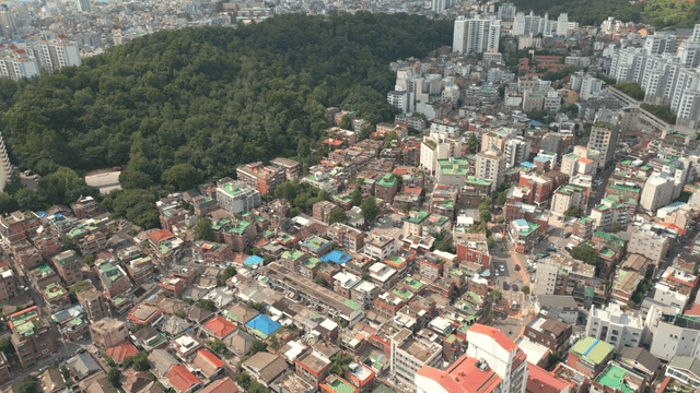 Aerial view of a city with surrounding forest