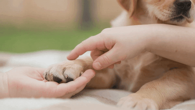 Child gently touching a puppy's paw