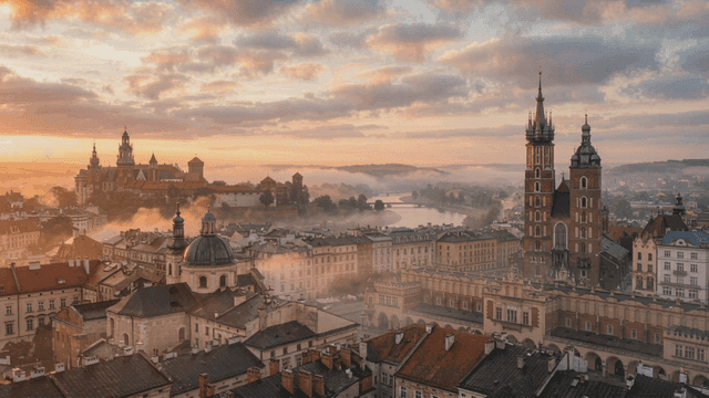 European city landscape at foggy sunrise