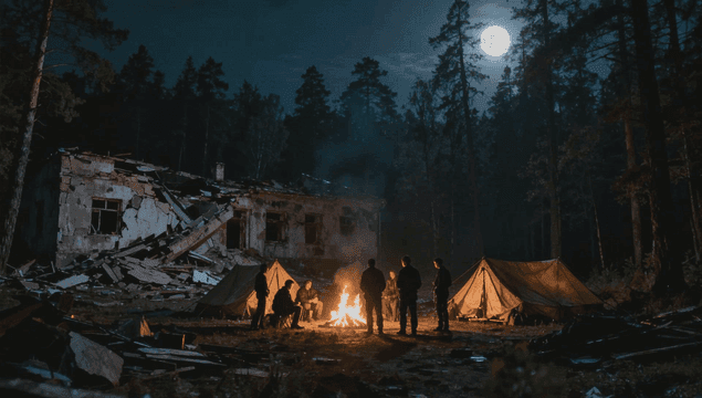 달빛 아래 무너진 집 앞 모닥불 앞 캠핑