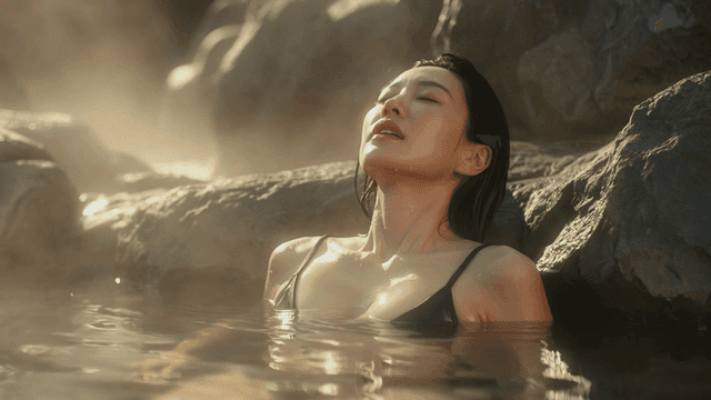 Woman relaxing in hot spring