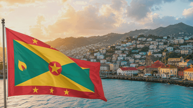 City landscape and Grenada flag fluttering by water.