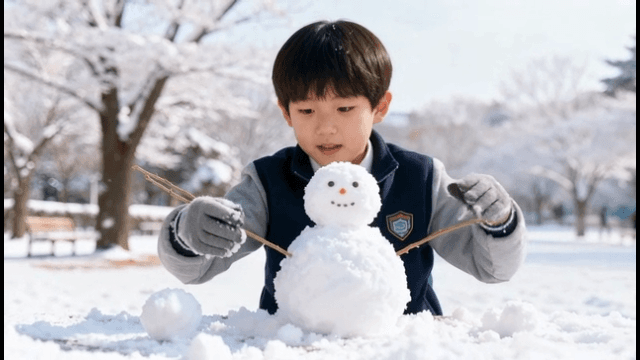 눈 덮인 공원에서 눈사람을 만드는 남자 아이