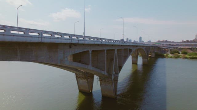 Bridge over a river with city skyline