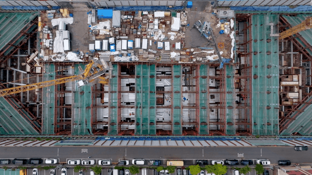 Construction site with metal scaffolding