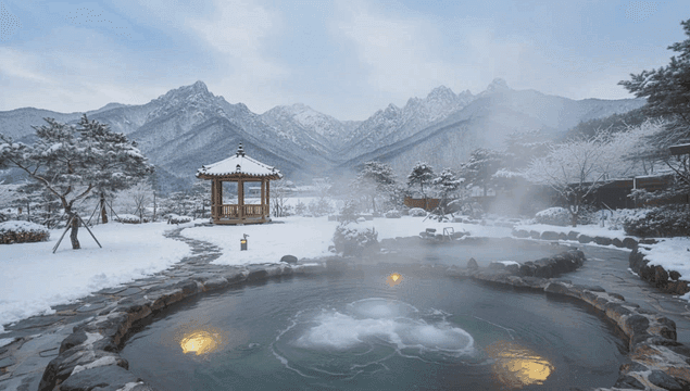 온천과 정자가 있는 눈 덮인 풍경