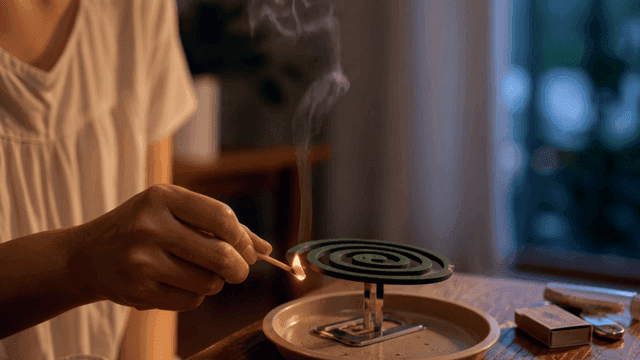 Woman lighting mosquito coils with matches at home