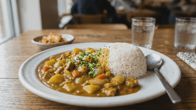 Curry rice on wooden table