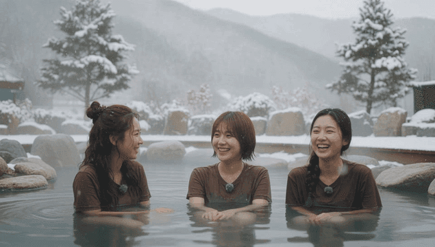 겨울 온천을 즐기는 친구들