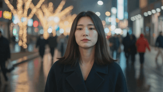 밤 크리스마스 거리의 슬픈 여성