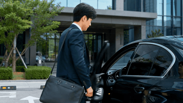 Office worker opening car in front of company