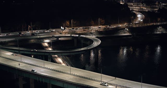 Night View of Overpass and Intersection on the River