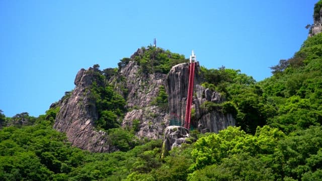 푸른 나무가 울창한 산에 있는 붉은 계단