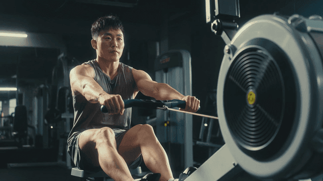 체육관에서 로잉 머신으로 운동하는 남성