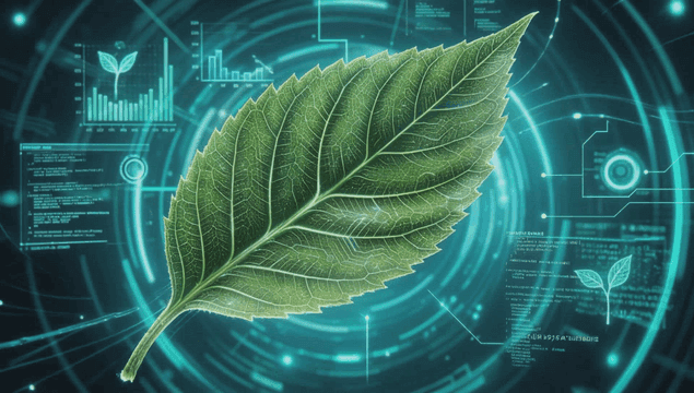 A leaf with digital circuits and data