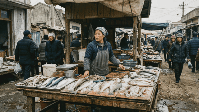 Lively fish market with fresh seafood