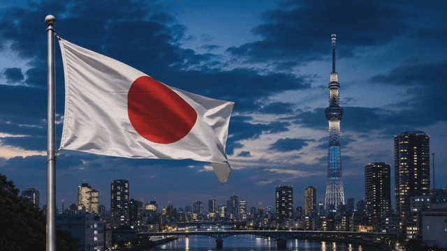 Japanese flag waving with city skyline
