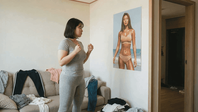 Woman wearing tracksuit and looking at poster while setting goals