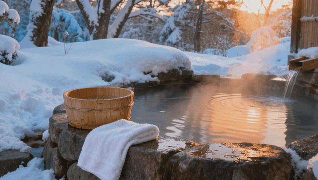 눈 덮인 풍경 속 고요한 온천