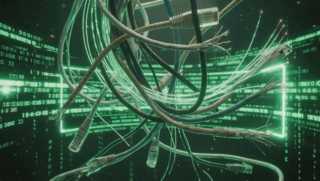 디지털 코드와 얽힌 네트워크 케이블