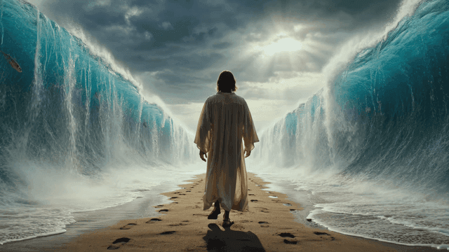 Back view of person walking through split sea