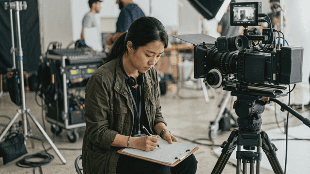 Focused woman taking notes on filming set