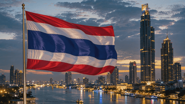 Thai flag and city skyline at night