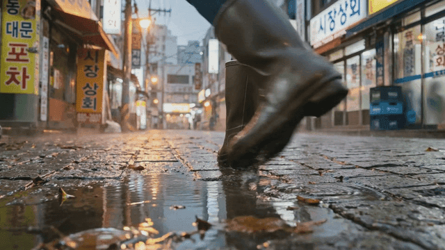 Rain boots walking through wet market street