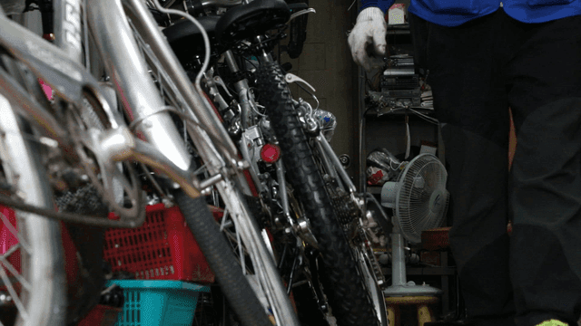 가게에서 자전거를 정리하는 사람