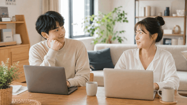 Two people working on laptops at home