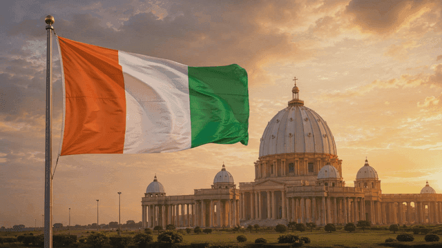 Ivorian flag and cathedral at sunset