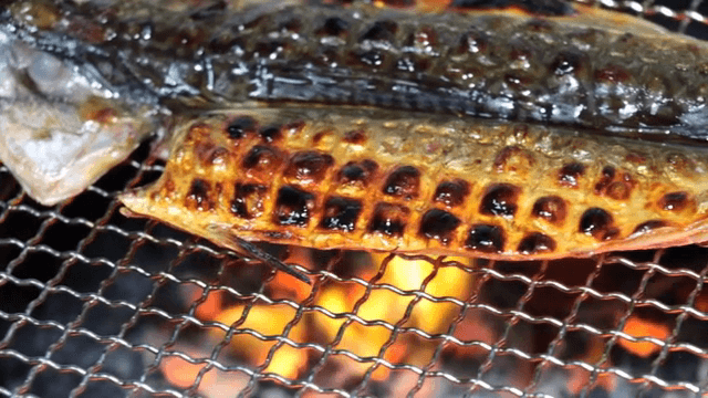 바비큐 그릴 위의 구운 생선