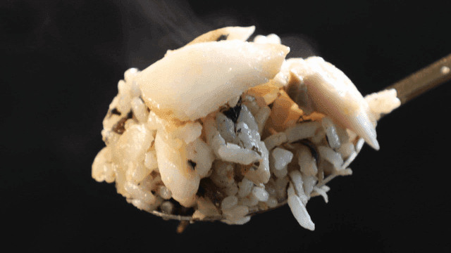 Steaming spoonful of rice with fish