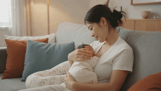 거실 소파에서 갓난 아기를 안고 있는 엄마