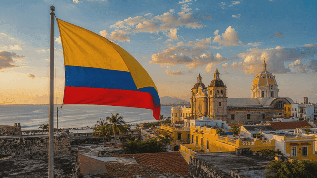Colombian flag and historic castle at sunset