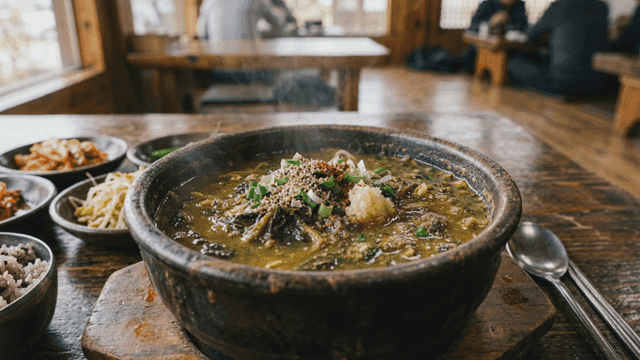 Gukbap and side dishes placed on table