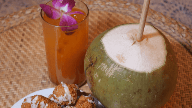 Coconut balls with a refreshing drink
