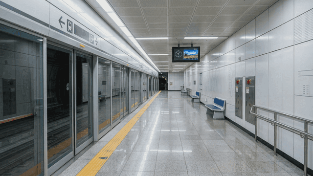 Empty subway station with platform screen doors